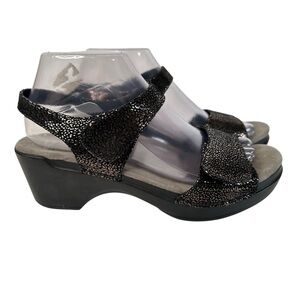 Dansko Glam Sonnet Black Leopard Shimmer Leather Wedge Sandals Comfort EU 39 EUC